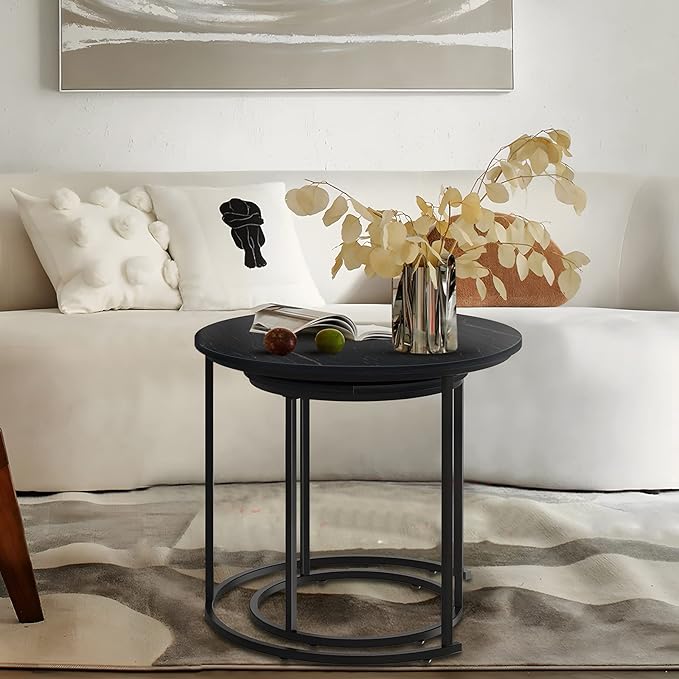 Black Marble Nesting Coffee Table for Small Place 24 in 2 Sets High Side End Sofa Table Nightstand Modern Furniture Living Room Cabin Bed Room Dining RoomGarden 4 You (Black Marble)