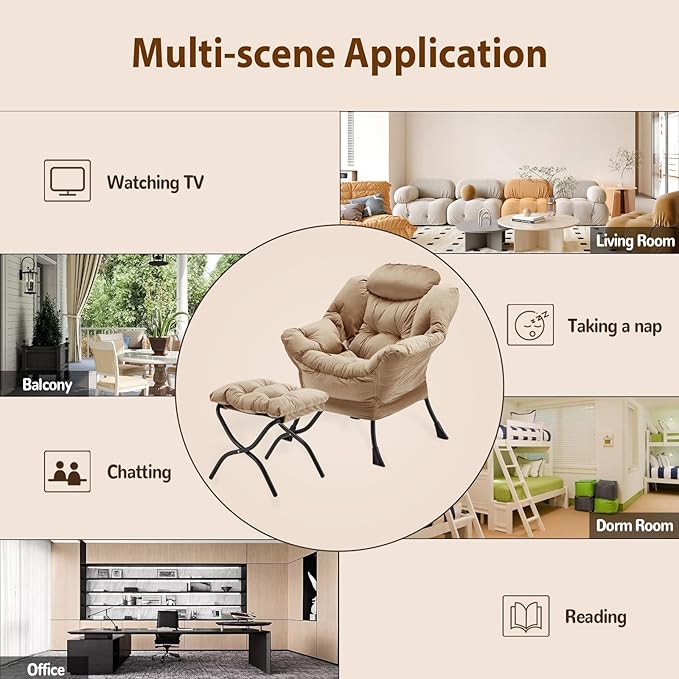 Lazy Chair with Folding Ottoman, Accent Chair Velvet Upholstered with Metal Structure and Non-Slip Pads, Sofa Armchair with Footrest and Side Storage Bag for Dorm, Room, Office, Khaki
