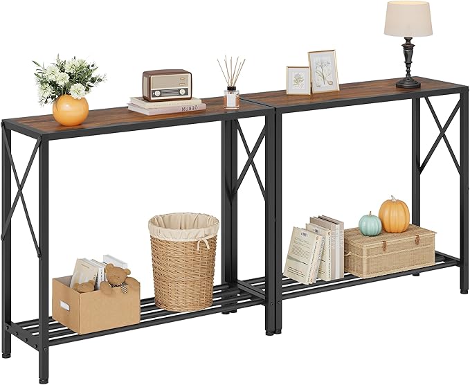 Tajsoon 2 Pack Console Table, 2 Tier Small Hallway Table, Narrow Sofa Table for Entryway with Open Shelves for Living Room, Hallway, Foyer, Office, Rustic Brown