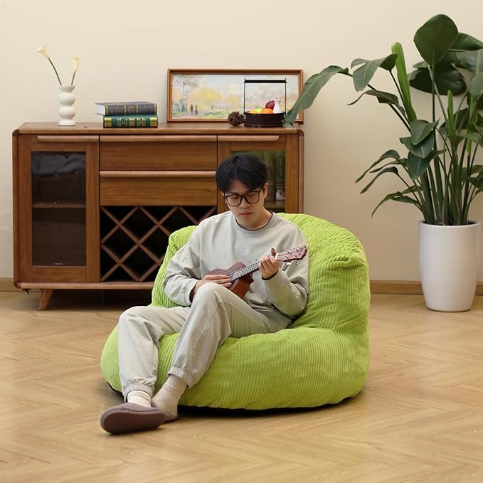N&V Large Crescent Bean Bag Chair, Adult Size Bean Bag Sack, Foam Filling, Soft Premium Corduroy Bean Bag for Living Room Bedroom Dorm and Office (Lime)
