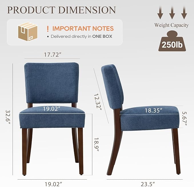 COLAMY Mid Century Modern Dining Chairs Set of 2, Upholstered Kitchen Chairs with Back, Farmhouse Fabric Side Dining Room Chairs with Wood Legs for Dining Room Kitchen Restaurant, Blue