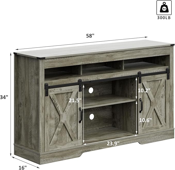 RoyalCraft Farmhouse TV Stand with Sliding Barn Door for TVs up to 65+ Inch, 34" Tall Entertainment Center, Wood Media Console Storage Cabinet for Bedroom, Living Room, Light Grey