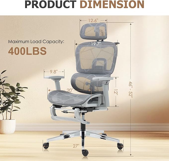Ergonomic Mesh Office & Gaming Chair with Footrest, High Back Home Office Desk Chair, Comfortable Lumbar Support, 130° Tilt, Adjustable 3D Armrest & 2D Headrest (Grey)