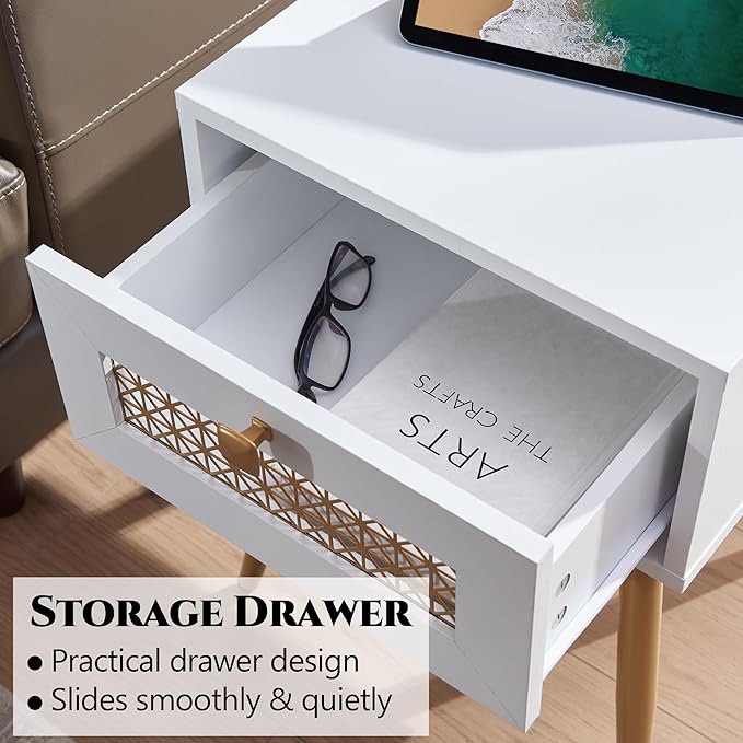Modern Style Side Table, End Table with Drawer for Living Room, Square Wooden Small Nightstand, White