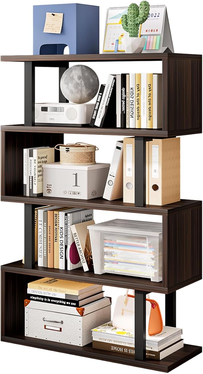 SORCEDAS Bookshelf Geometric Bookcase S Shaped Industrial Bookshelf Storage Display Stand Shelf for Living Room Bedroom and Office Room (Black, 4 Tier)