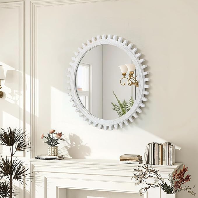 ULIKE Round Wood Mirror, 30 Inch Rustic Farmhouse Circle Mirror with Wooden Frame, Mordern Wall Decor for Bathroom Nursery Bedroom Living Room Entryway, White