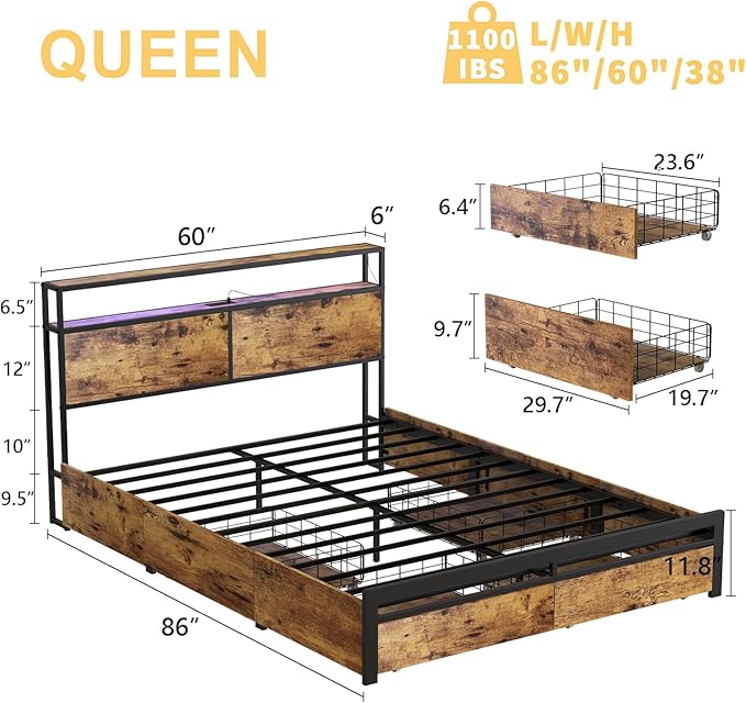Queen Bed Frame with Storage Headboard and 4 Drawers LED Lights Metal Platform Non-Slip Without Noise Mattress Foundation Strong Metal Slats Support No Box Spring Needed