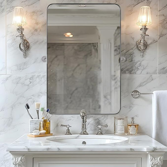 MOON MIRROR Polished Chrome Pivot Mirror for Bathroom, Tilt Bathroom Vanity Mirror,Rounded Rectangle Pivoting Mirror, Overall 24.33 x 30 in (Mirror 20x 30 in)