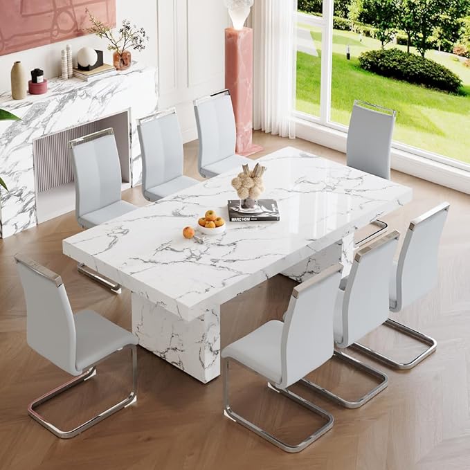 Modern Dining Chairs Set of 8, High Back Kitchen Chairs,Faux Leather Side Chair with Metal Legs, Easy to Clean Upholstered Dining Chairs, Ideal for Living Room(Silver Leg)