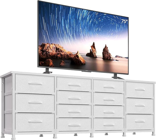 63 Inch TV Stand Dresser for Bedroom, Long White Dresser with 14 Fabric Drawers for 65 70 75 Inch TV, Entertainment Center with Storage Media TV Console Table