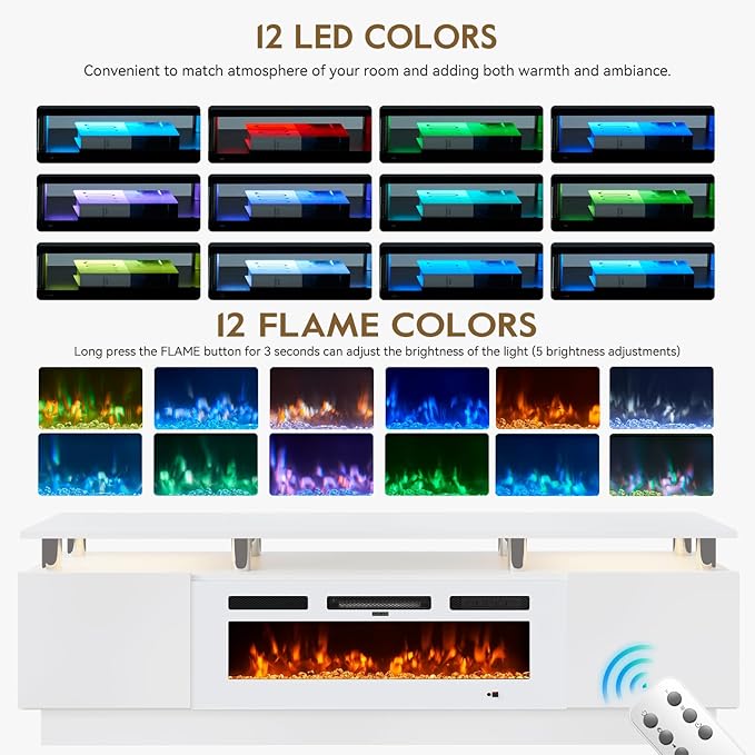 70" TV Stand for Living Room, Entertainment Center & Media Console with Storage, Fits TVs up to 80", Modern TV Cabinet with Shelves, 36" Electric Fireplace (All White)