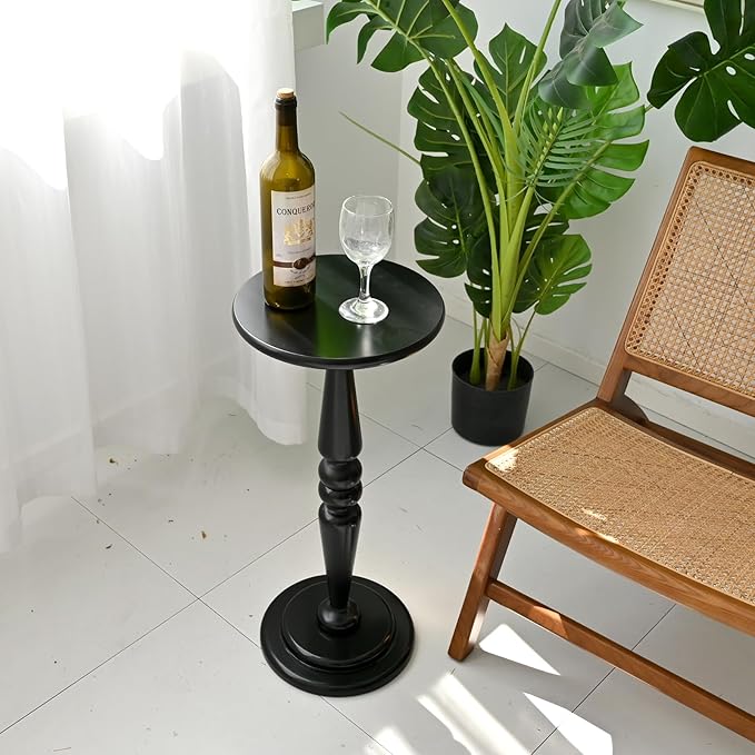 SwallowLiving Small Round Side Table, Tall Pedestal Drink End Tables Living Room, Narrow Night Stand for Small Spaces, Sofa Couch, Bedroom, Modern Wooden Beside Table Home Decor (Black, 12" x 25")
