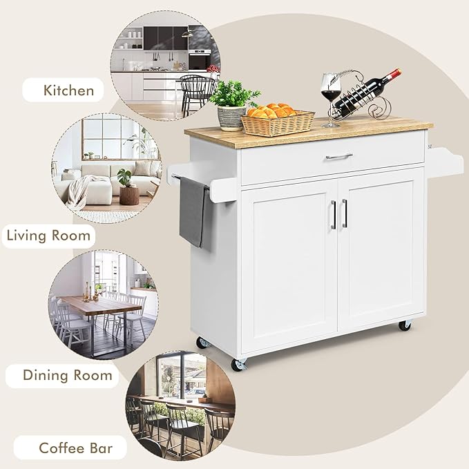 COSTWAY Kitchen Island On Wheels, Rolling Storage Trolley Cart with Large Cabinet, Drawer, Spice Rack and Towel Rack, Kitchen Serving Utility, 3-Position Adjustable Shelf (White)