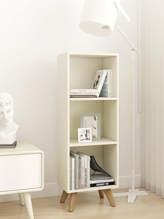 Manora Small Bookcase with 3 Open Shelves, Modern White Bookshelf with Wooden Legs, Narrow Storage Organizer for Living Room, Bedroom, Office