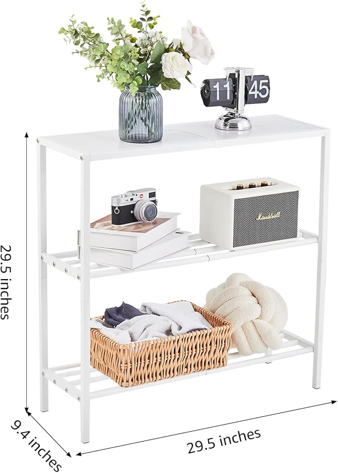 Wimarsbon 29.5" Narrow Console Table - 3-Tier Entryway Table with Shelves, Metal Frame, for Hallway, Living Room, Bedroom (White Frame White)