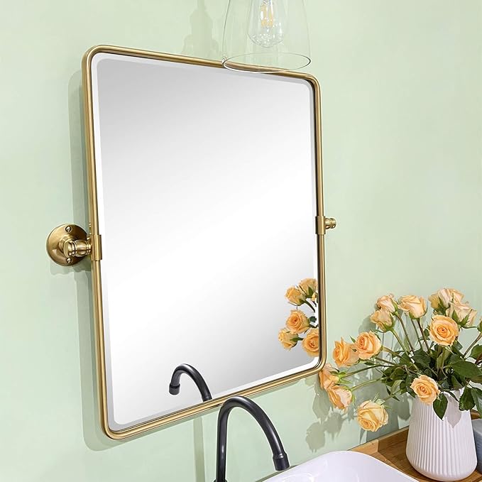 TEHOME 20 x 24 inch Farmhouse Gold Metal Framed Pivot Rectangle Bathroom Mirror Rounded Rectangluar Tilting Beveled Vanity Mirrors for Wall
