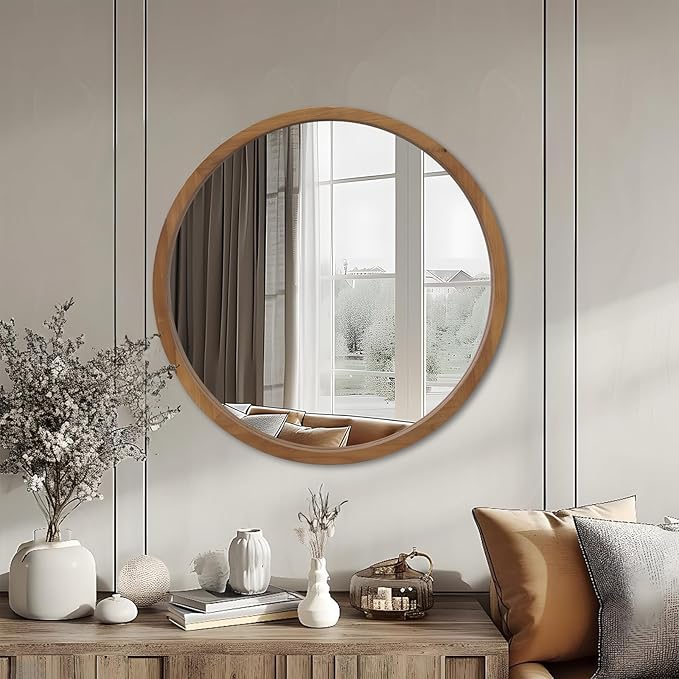 36" Bathroom Mirror, Round Wall Mirror with Wood Frame, Farmhouse Mirror for Wall Decor, Wall-Mounted Mirror for Bedroom, Living Room, Brown