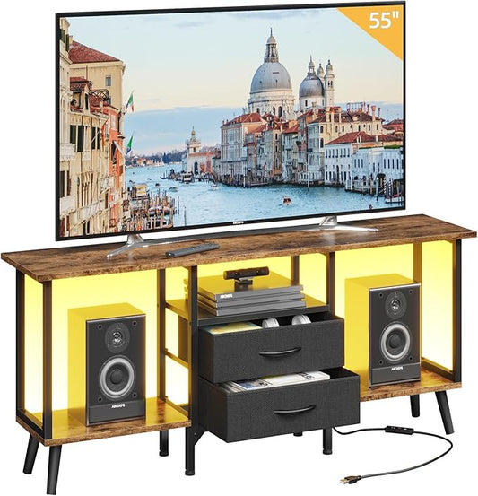 Small TV Stand with Fabric Drawers/LED Light for 55 inch TV, Entertainment Center with Storage Open Shelves，Media Console Table for Living Room, Bedroom, Rustic Brown