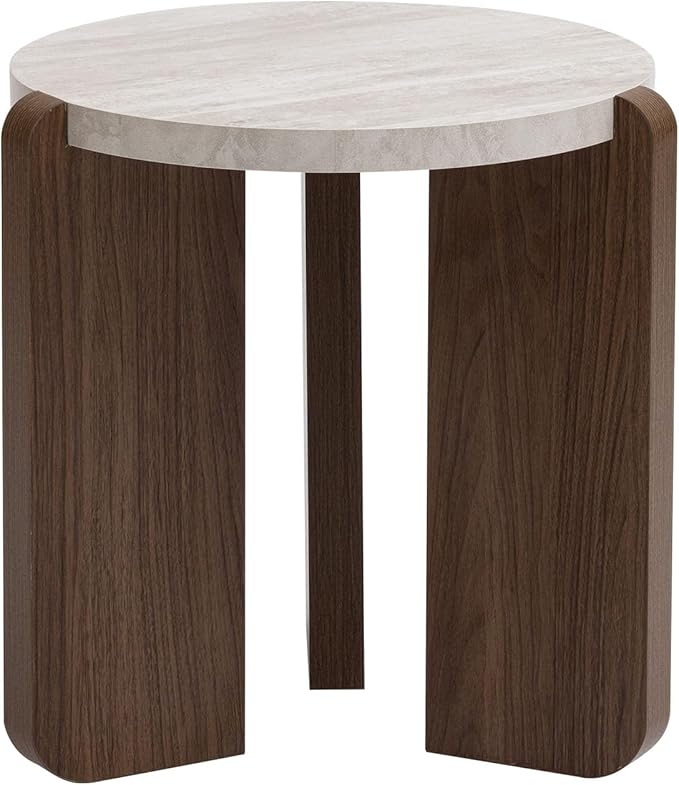 COSIEST Small Round Side Table, Modern 3-Leg Accent End Table with Faux Marble Wood Top and Wood-Like Legs, Nightstand for Living Room, Bedroom, Office, Cream White & Dark Brown,17.7”Dia. x 18.9”H
