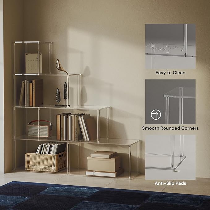 5-Tier Acrylic Stepped Bookshelf with 6 Cube, Modern Bookcase, Clear Open Book Shelf for Home Office, Living Room, Bedroom, 11.8" D x 47.2" W x 49.2" H