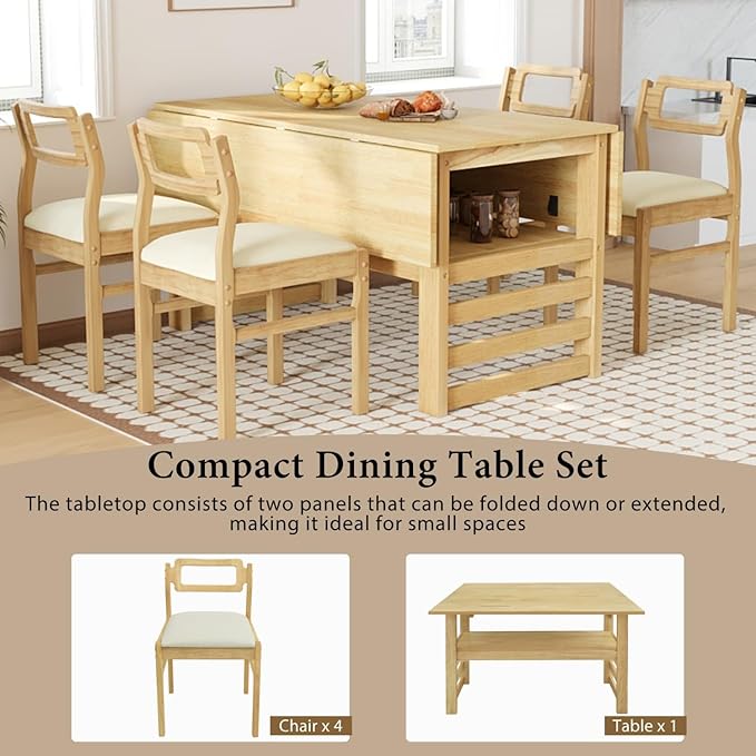 Drop Leaf Dining Table with Chairs Set of 4, 5-Piece Farmhouse Rectangular Dining Room Table with 4 Upholstered Solid Wood Chairs, Extendable Kitchen Tables for Small Place, Natural Rubber Wood