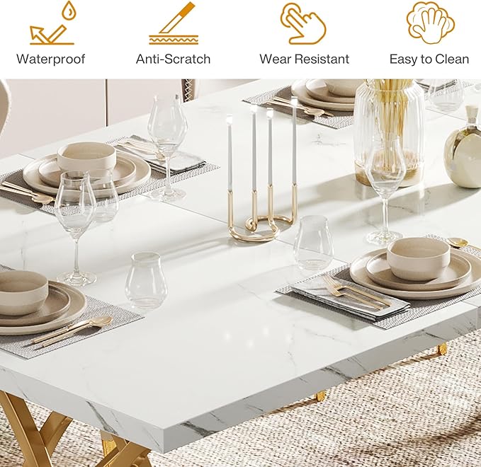 Tribesigns Modern Dining Table, 63" Large Kitchen Table for 4-6 People, Unique Rectangular Dinner Table Kitchen & Dining Room Furniture with Faux Marble Tabletop and Geometric Legs