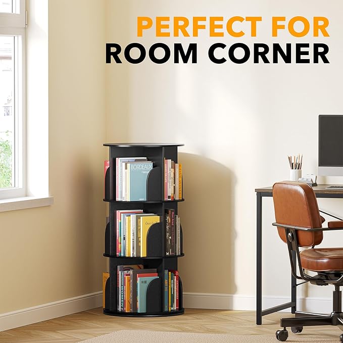 SpaceAid 3 Tier Rotating Bookshelf Tower, Spinning Bookcase Lazy Susan, Revolving 360 Book Shelf Storage Round Carousel, Vertical Rotate Turning Spiral Corner Organizer, Black