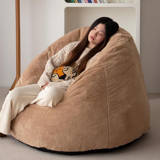 N&V Large Shell Bean Bag Chair, Adult Size Bean Bag Sack, Foam Filling, Includes Removable and Machine Washable Cover, 40in, Soft Faux Fur, Brown