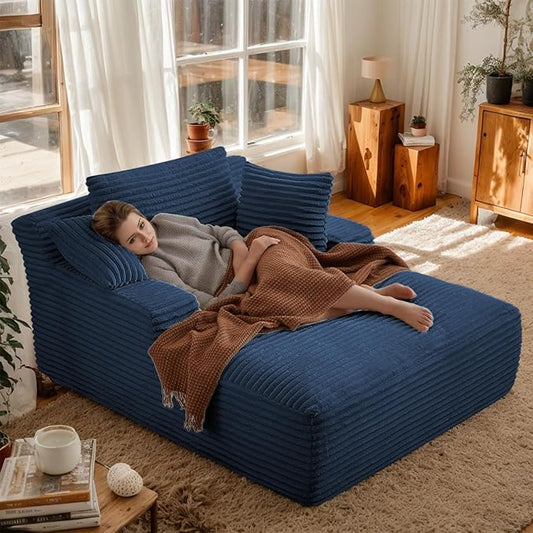 Oversized Chaise Daybed Lounge Sleeper Chair Sofa Bed Indoor, Fluffy Corduroy Upholstered Sleeper Recliner Sofabed Full Foam Boneless Cloud Sofabed W/3 Pillows for Home/Apartment Living Room Bedroom
