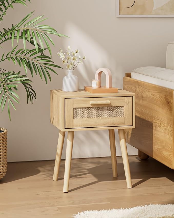 Rattan Nightstand, Small Night Stand, Side Table with Drawer Open Shelf, Cane Accent Bedside End Table with Wood Legs, Bohemian Wood Nightstand for Bedroom, Oak (Bohemian)