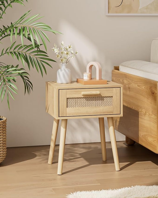 Rattan Nightstand, Small Night Stand, Side Table with Drawer Open Shelf, Cane Accent Bedside End Table with Wood Legs, Bohemian Wood Nightstand for Bedroom, Oak (Bohemian)