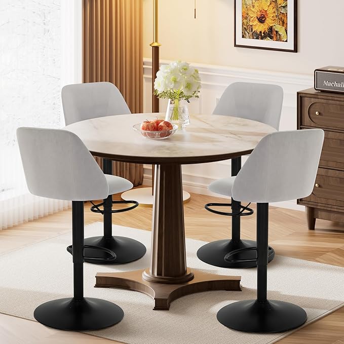 COLAMY Bar Stools Set of 6, Modern Swivel Bar Chairs, Adjustable Upholstered Barstools Counter Height with Full Backrest for Bar, Dining Room, Kitchen Island, Grey