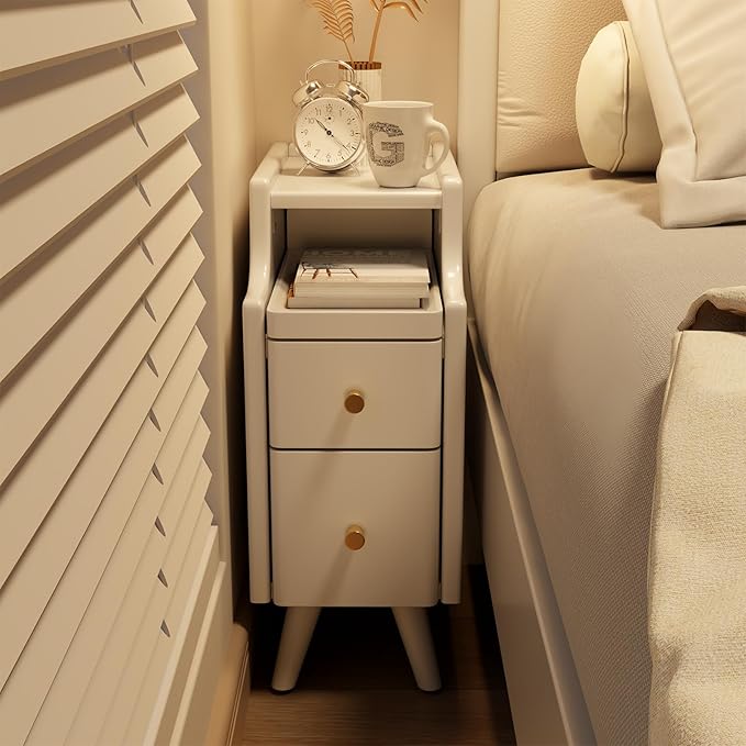 Narrow Nightstand with Drawers, Wood Bedside Table, Small White Nightstand Set of 2