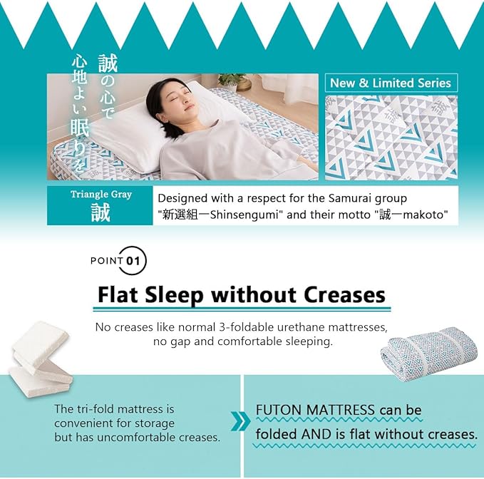 EMOOR Japanese Padded Futon Mattress Machi Twin Triangle-Gray (Shinsengumi Makoto), Gusset Foldable Storable Elastic Bands Floor Sleeping Guest Bed Tatami Mat