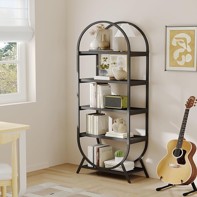 Bookshelf Arched Bookcase Set 2, 5 Tier Open Freestanding Display Shelf for Home Office, Living Room, Black