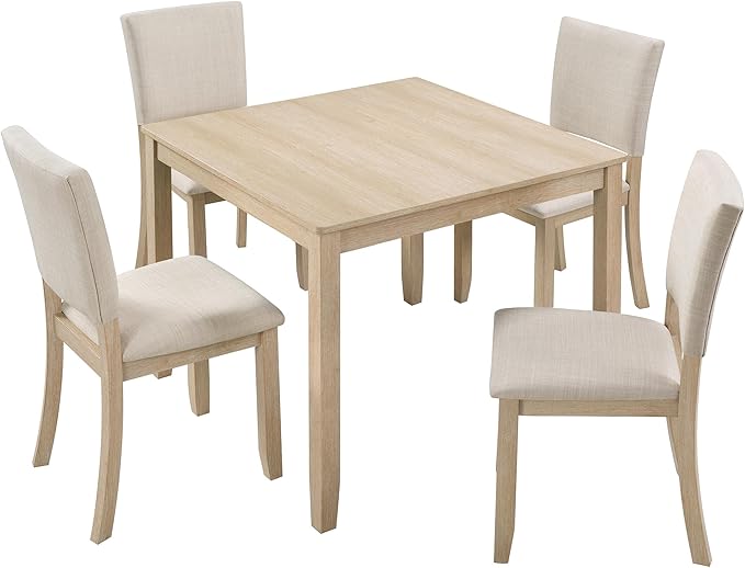 Ball & Cast 5 Piece Dining Table Set with 4 Upholstered Chairs,Wooden Living Room Furniture W/ 34.5" Square Kitchen Desk & Backrest Chair,for Small Space,Dining Room,Liaght Oak & Beige