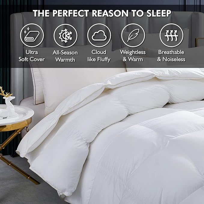 Luxurious White Solid Heavy Weight, Twin Size Goose Feathers Down Comforter for Winter Weather Duvet Insert, Premium Baffle Box, 100% Egyptian Cotton Cover, 60 oz. Fill Weight