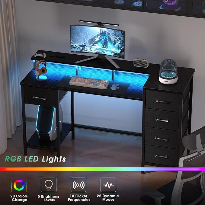 55 Inch Computer Gaming Desk with Power Outlets LED Lights, Reversible Home Office Desk with Adjustable Fabric Drawers for Working Writing Study, Black Oak
