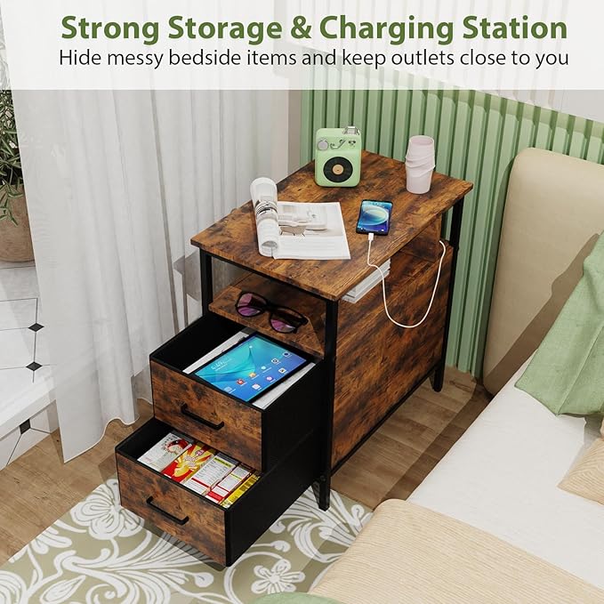 End Table with Charging Station, Narrow Side Table with 2 Fabric Drawer & Storage Shelf, USB Ports & Power Outlets, Narrow Nightstand for Bedroom Living Room and Small Spaces, Rustic Brown