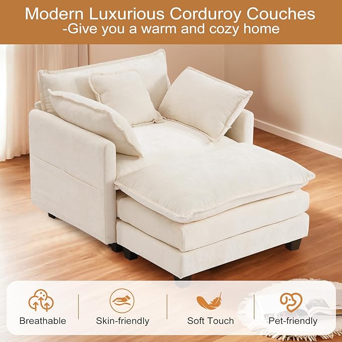 Furniliving Oversized Accent Chair with Ottoman, Luxury Chenille Single Sofa, Upholstered Deep Seat Chaise Lounge with Pillows for Living Room, Bedroom, Apartment, Beige