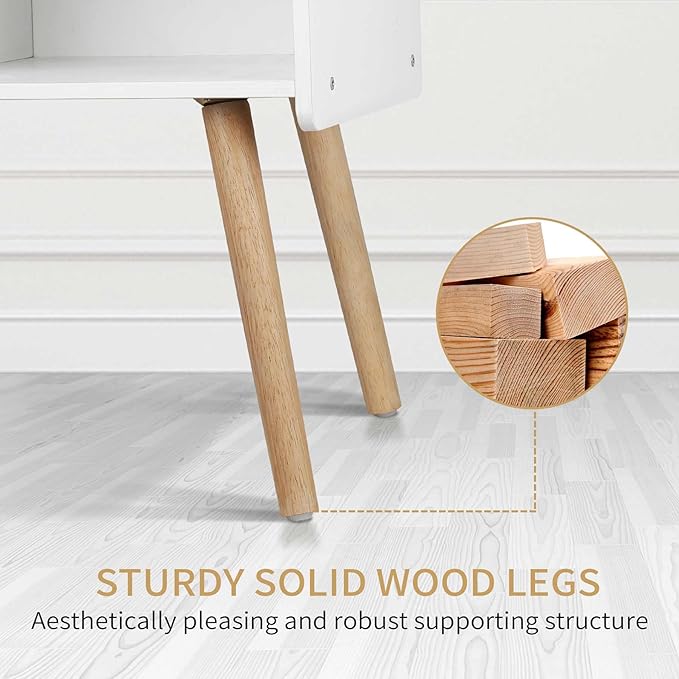Mid-Century Record Player Stand, Vinyl Record Cabinet Holder with Storage Up to 100 Albums, Record Player Table for Living Room Bedroom Office, Turntable Stand with Wood Legs, White