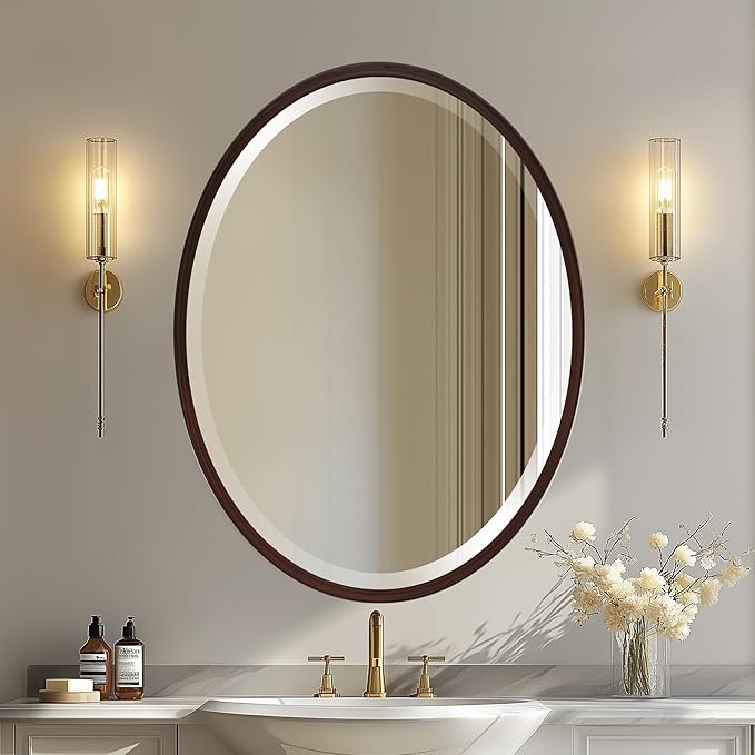 OVALCREST - Oval Wooden Beveled Wall Mirror for Home Decor, Bathroom, Vanity, Bedroom, Living Room, Hallway - London Style (Black Walnut) 23.1 x 29.1