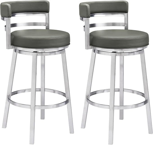 Armen Living Madrid 30" Bar Height Swivel Modern Grey Faux Leather and Brushed Stainless Steel Bar Stool for Kitchen Island Counter, Set of 2