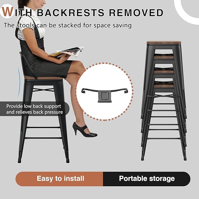 30 Inch Swivel Bar Stools Set of 2 with Backs Counter Height Industrial Metal Barstools Island Bar Chairs for Home Kitchen Dining Room (Swivel 30 inch,Matte Black Wooden)