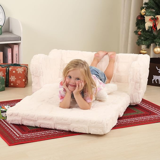 Extra Wider Seating Toddler Couch, 2-in-1 Toddler Soft Couch Fold Out with Star Pillow, Convertible Sofa to Lounger for Girls and Boys, Cream Heart