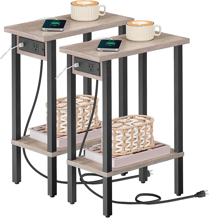 HOOBRO Small End Table with Charging Station, Set of 2, Narrow Side Table with USB Port and Outlets, Skinny Sofa Table, Slim Nightstand, Living Room, Bedroom, Greige and Black BG240UBZP201