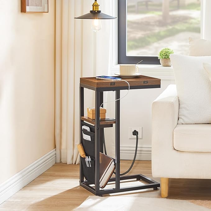 HOOBRO Foldable End Table with Charging Station, C Shaped Side Table with Storage Bag, Slide Under Sofa Couch Table for Small Spaces in Living Room, Bedroom, Easy Assembly, Rustic Brown BF101USF01