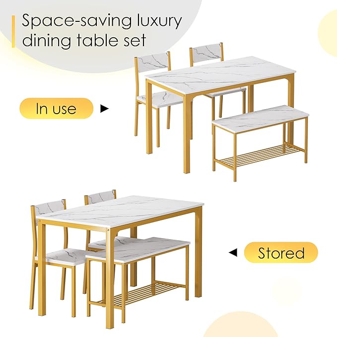 soges 4 Person Dining Table Set,43.3 inch Kitchen Table Set for 4,2 Chairs with Backrest,2-Person Bench with Storage Rack,Nesting Furniture Set for Dining Room and Restaurant, White Gold