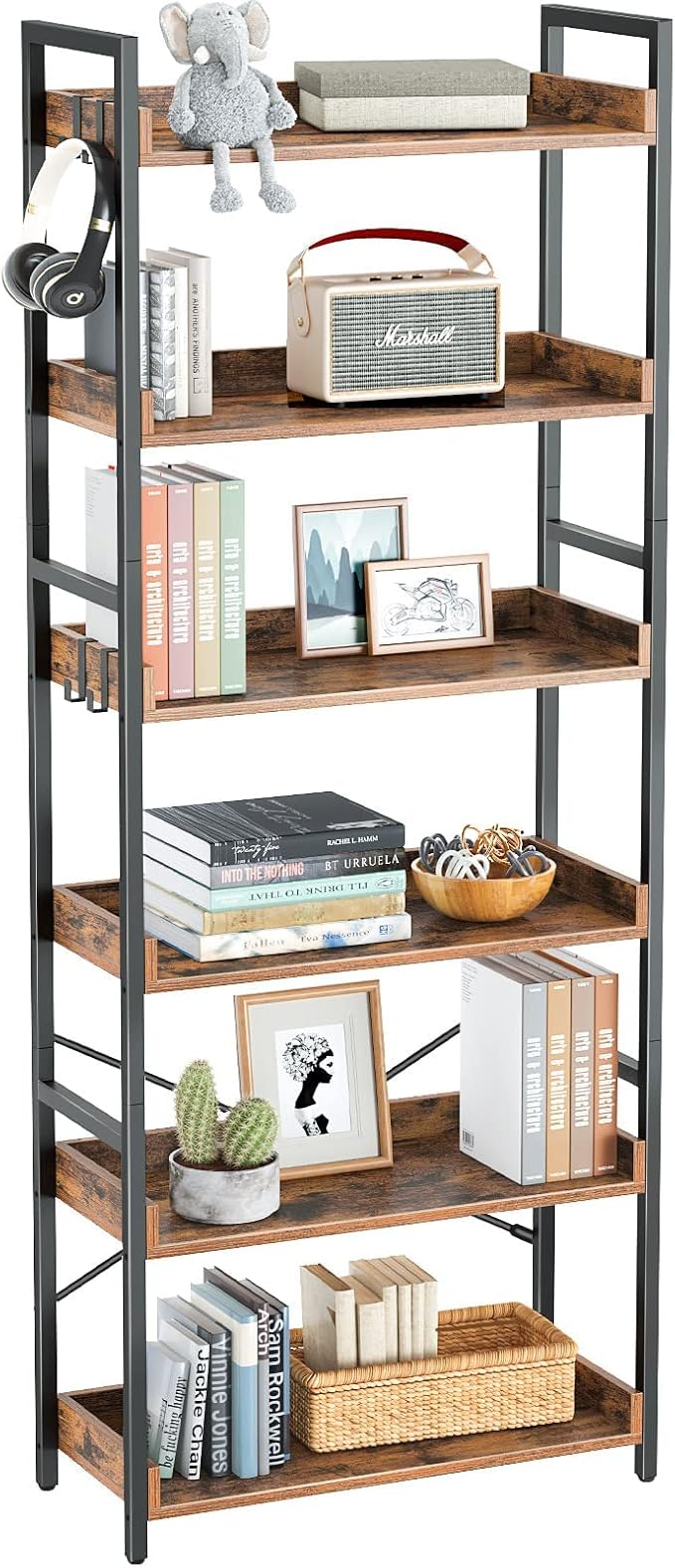 Rolanstar Bookshelf 6 Tier with 4 Hooks, Industrial Bookcase, Vintage Storage Rack with Open Shelves, Rustic Standing Bookshelves Metal Frame Display Rack for Living Room, Bedroom, Rustic Brown