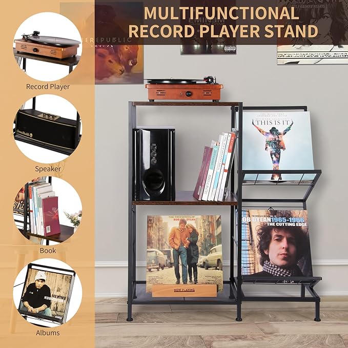 Record Player Stand with Vinyl Record Storage, Turntable Stand with 2-Tier Vinyl Display Shelf & Metal Frame, Record Holder for Living Room, Rustic Brown